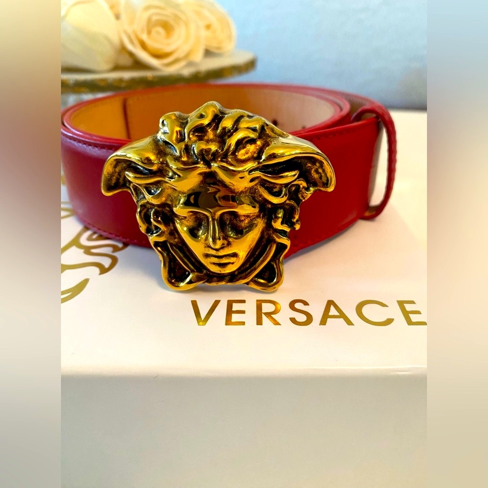 Versace Red Belt with oxidized Gold Medusa Emblem